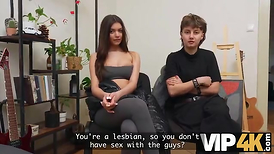 VIP4K. two pretty Lesbos don't mind to having a Trio Way with a stranger from the train
